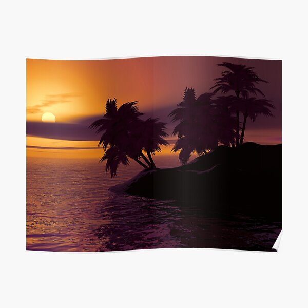 Sunset on desert island in the Caribbean with dream – palm trees Poster by adaba