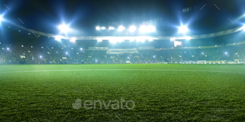 Soccer stadium, radiant lights, gaze from field