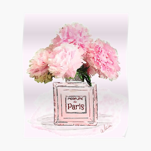 Pretty Pink peonies in Perfume Bottle in Watercolor Poster by adaba