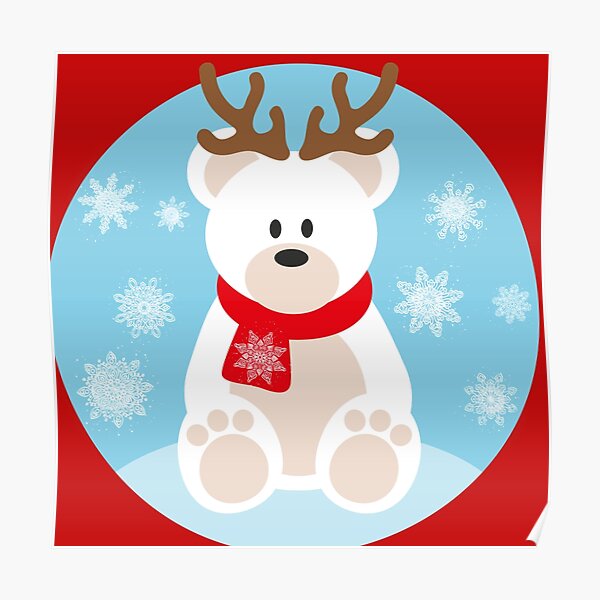 Cutest Winter Christmas Icebear Polar Bear with Reindeer Horns and Snowflakes Poster by adaba