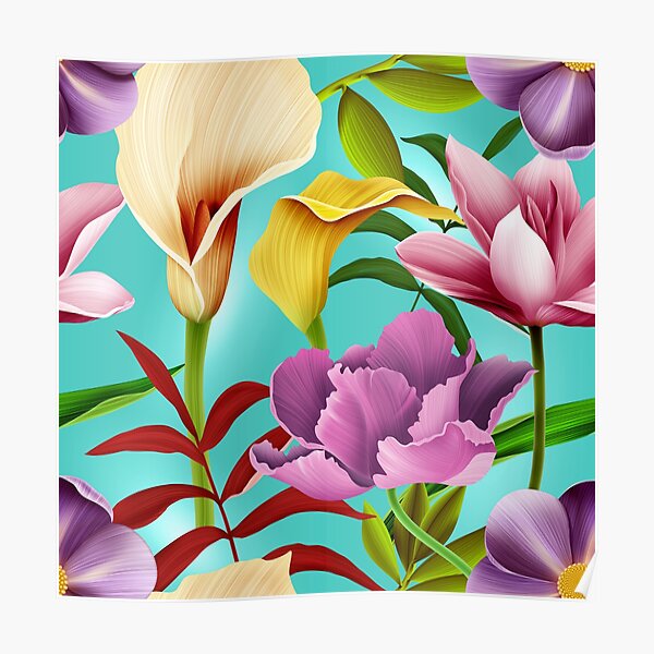 Blooming turquoise spring garden with Tulip, anemona, calla  Poster by adaba