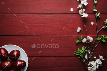 Easter red wooden background