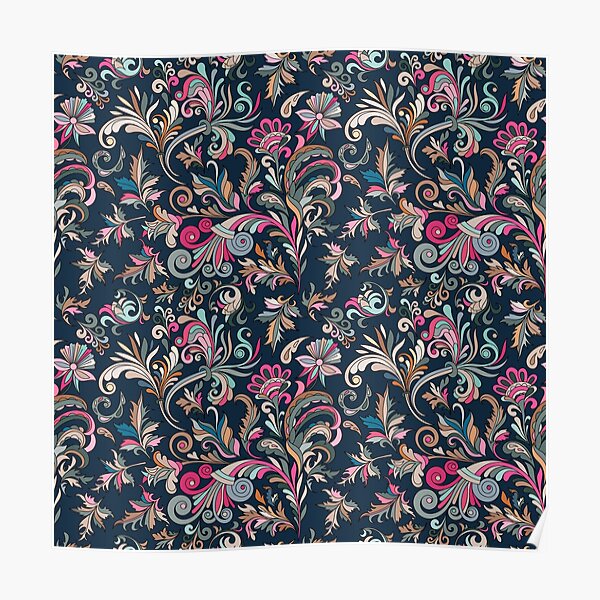Teal & pink flower garden floral and Curl ornamental pattern  Poster by adaba