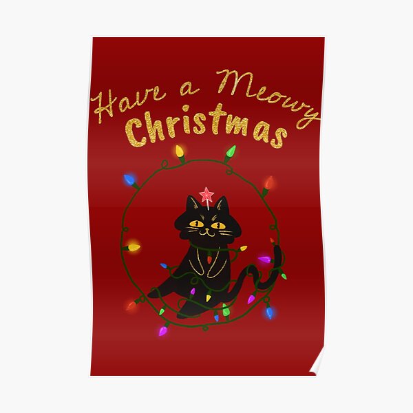 Have a Meowy Christmas Cat Red Faux Gold Glitter Poster by adaba