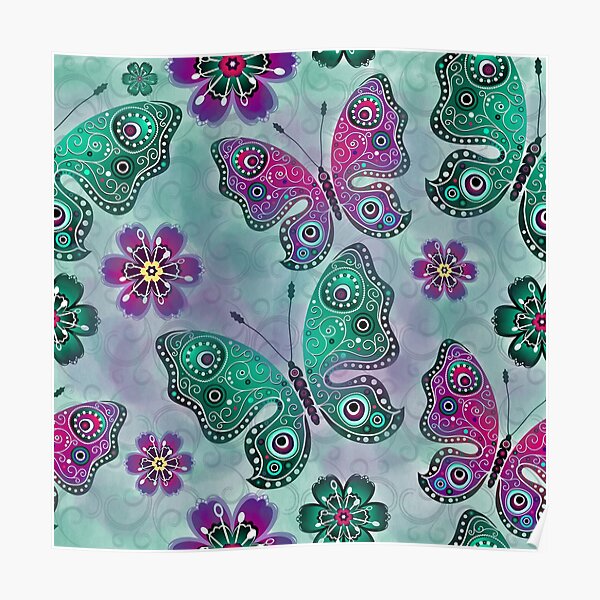 Teal & purple butterfly flower garden floral pattern  Poster by adaba