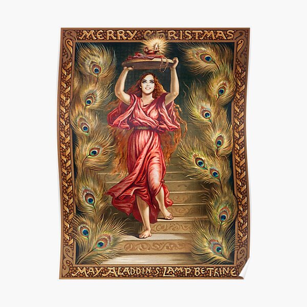 Vintage oriental scene painting Red Dressed Girl holding Aladdin’s Lamp with Flame surrounded by Peacock Feathers with Merry Christmas Greetings Poster by adaba