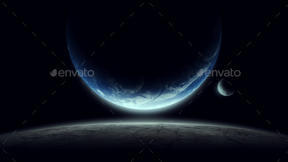 Space illustration with moon and planet in space