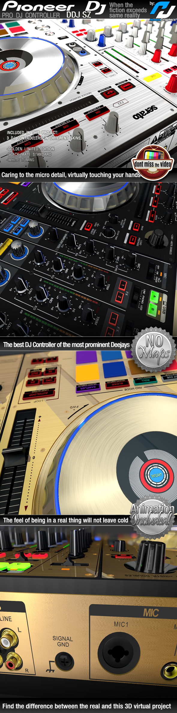 Realistic Pro DJ Controller Pioneer DDJ SZ, in 3 different skins